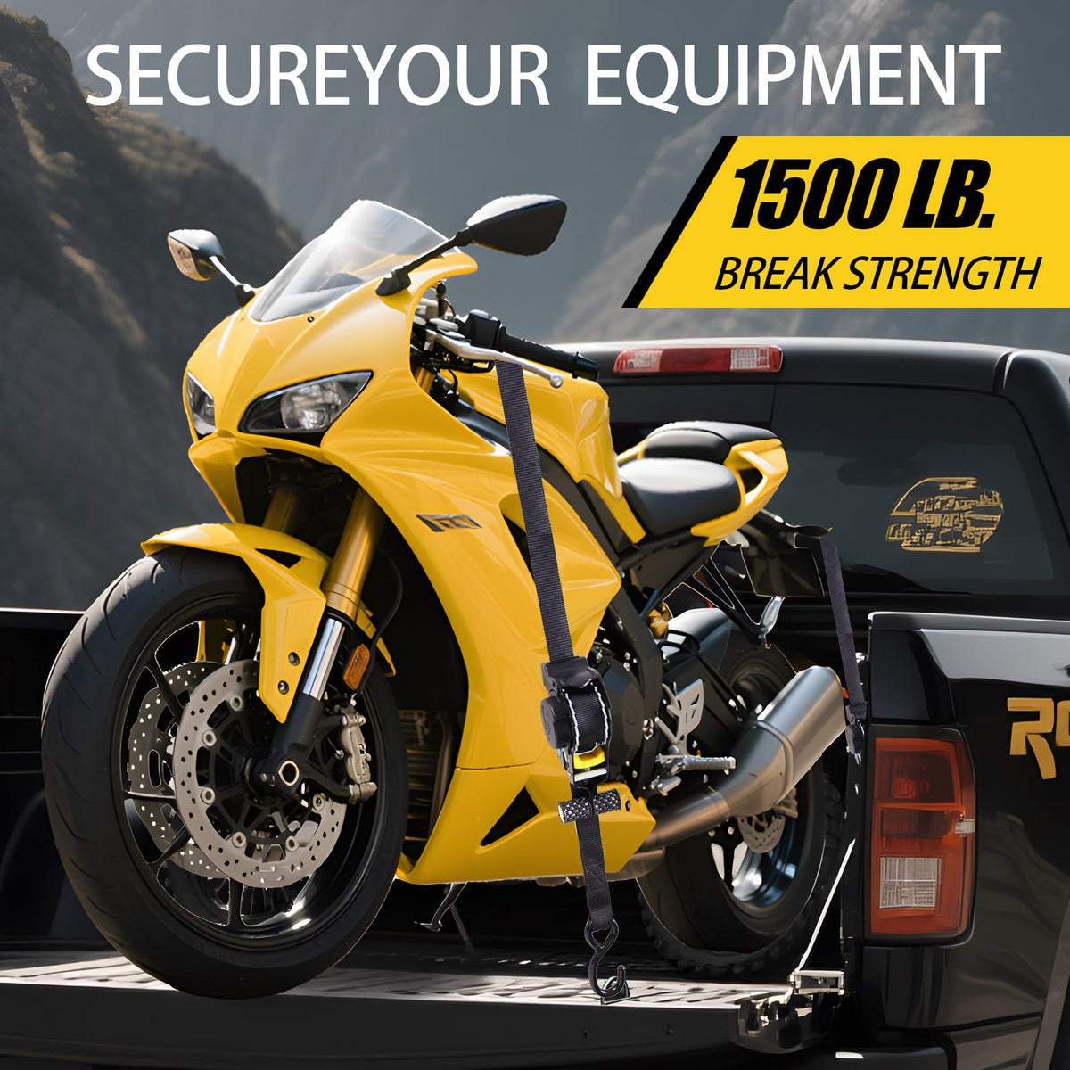 BCJCLTS straps securing a motorcycle on a trailer highlighting reliable hold during transport