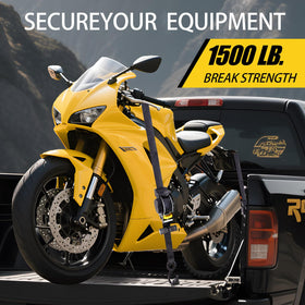 BCJCLTS straps securing a motorcycle on a trailer highlighting reliable hold during transport