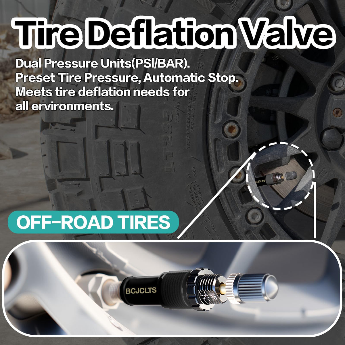 BCJCLTS next to tire for size comparison showing compact design and easy storage