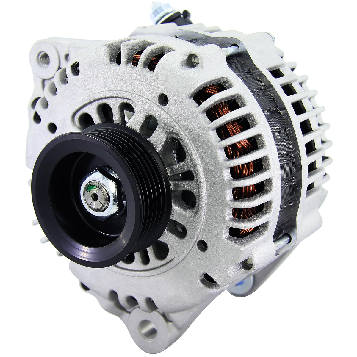 BDELI alternator front view showing mounting points and durable housing for easy replacement