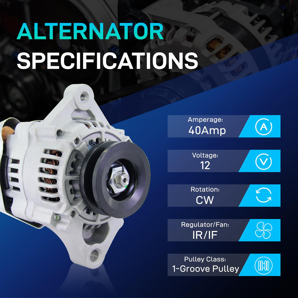 BDELI alternator pulley close-up highlighting 63mm V1 pulley advantage