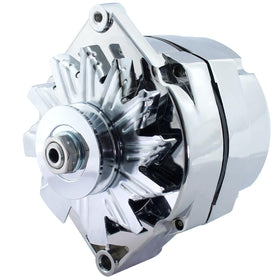 BDELI chrome GM 1-wire alternator front view showing polished housing and output terminal for easy installation
