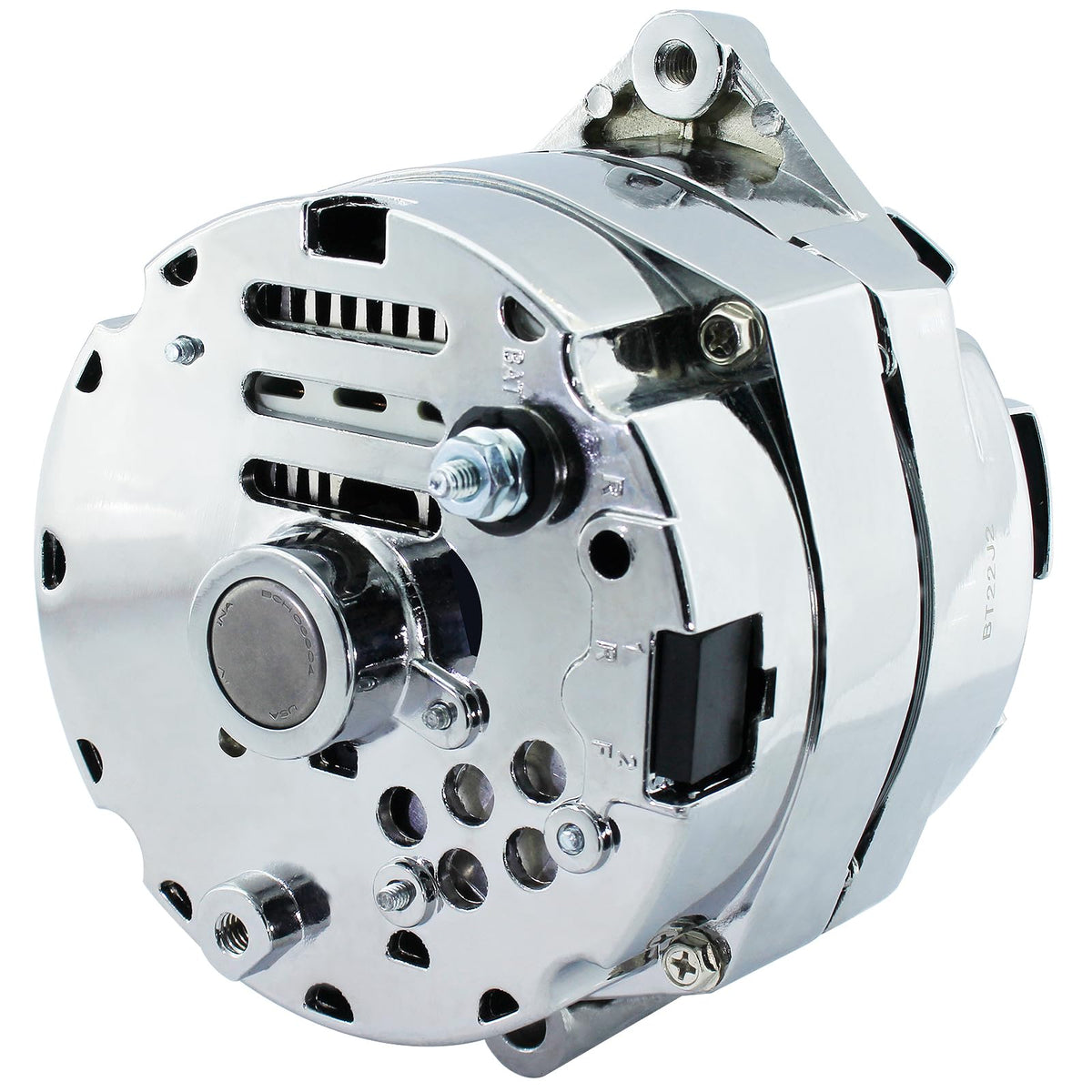 BDELI chrome GM alternator side profile with pulley visible, demonstrating compact, high-output 100A design