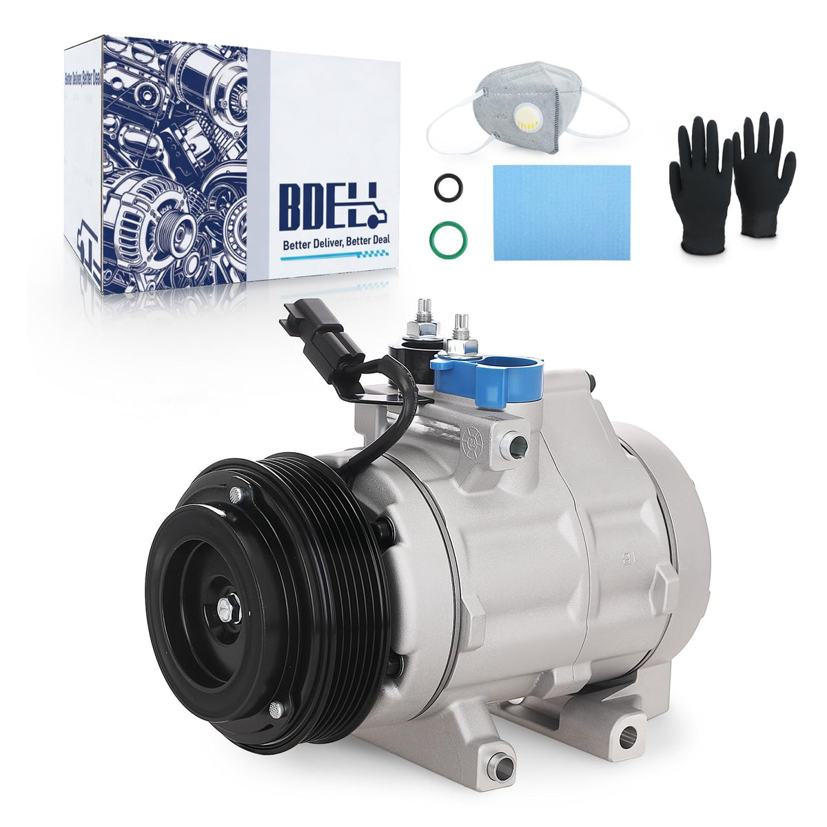 BDELI compressor front view showing mounting points and clean finish for easy replacement