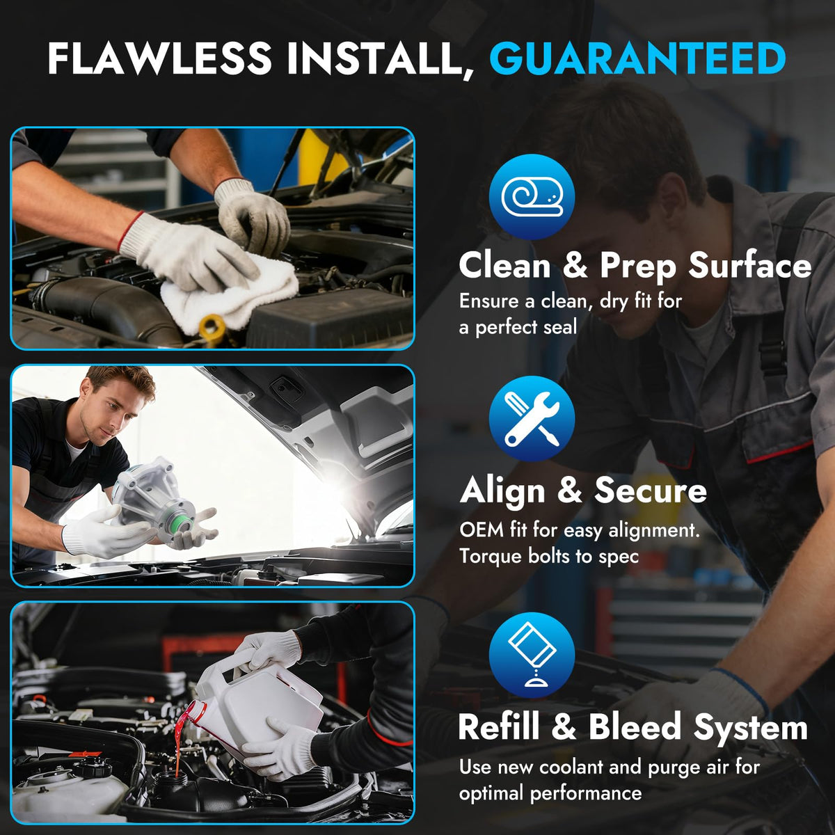 BDELI water pump installed on Ford engine showing direct-fit installation benefit