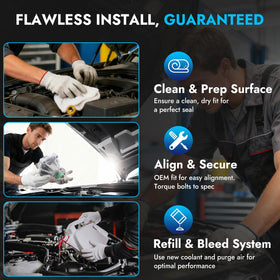 BDELI water pump installed on Ford engine showing direct-fit installation benefit