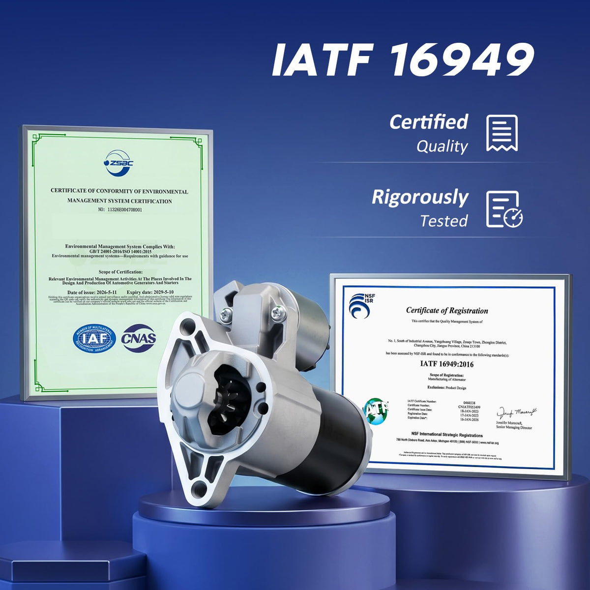 BDELI starter packaging and certification card showing ISO and IATF quality assurance