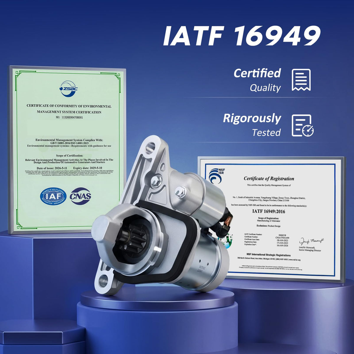 BDELI starter label showing ISO and IATF certification for manufacturing quality