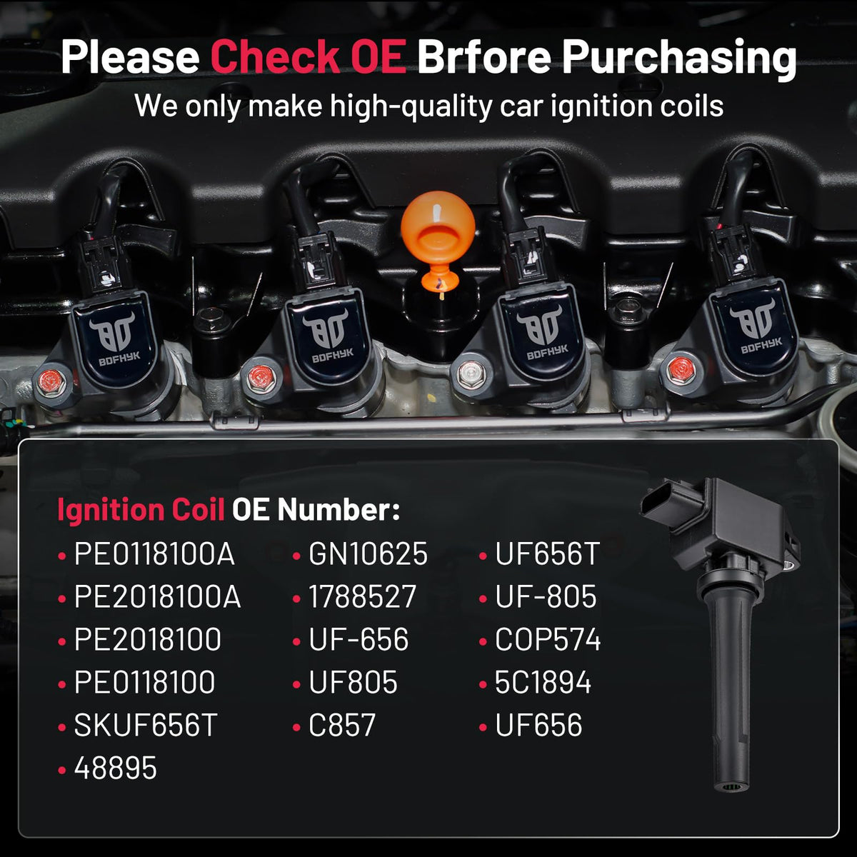 BDFHYK coil label with OE numbers visible aiding buyers to match proper part