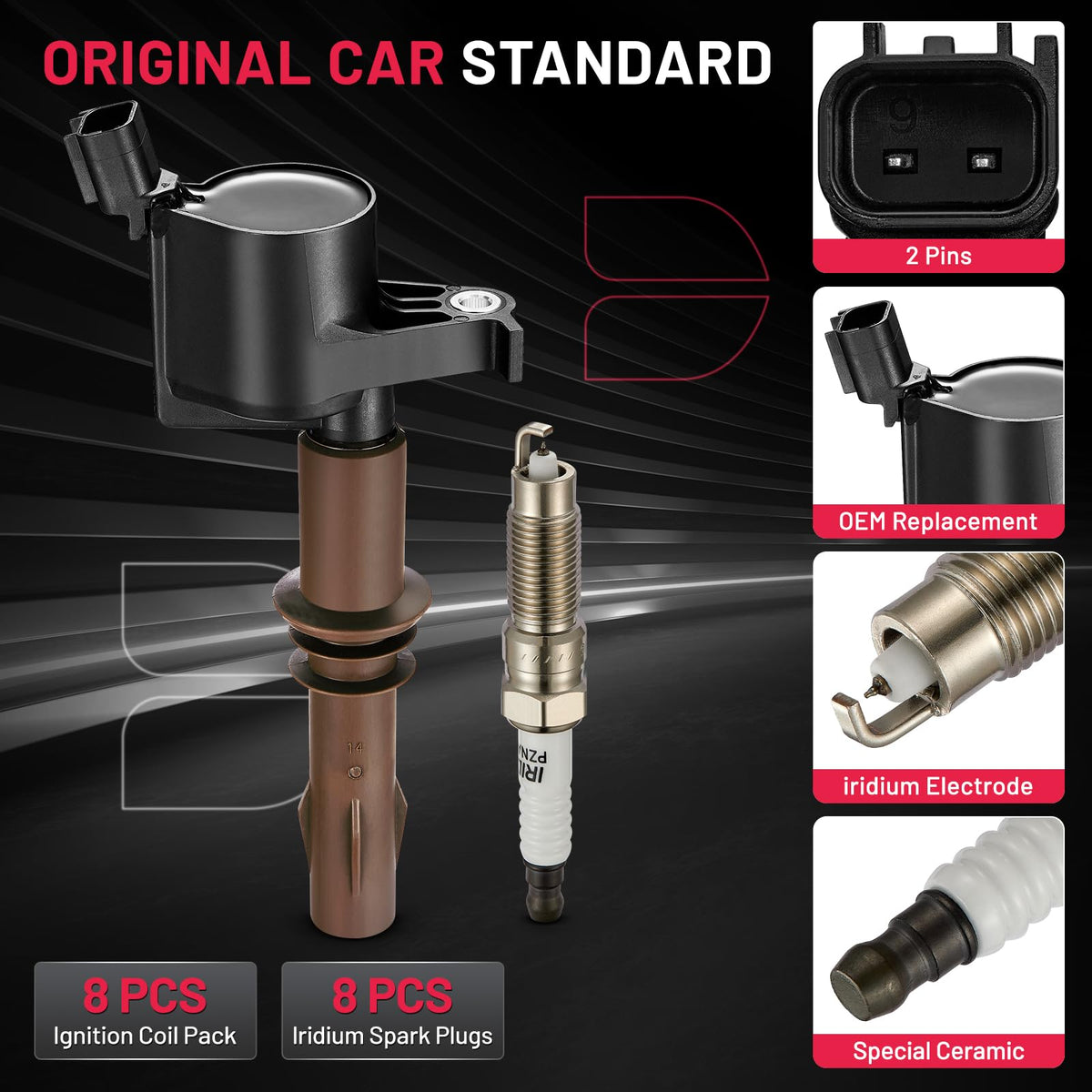 BDFHYK spark plug and coil side-by-side showing scale and complete set benefit