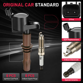 BDFHYK spark plug and coil side-by-side showing scale and complete set benefit