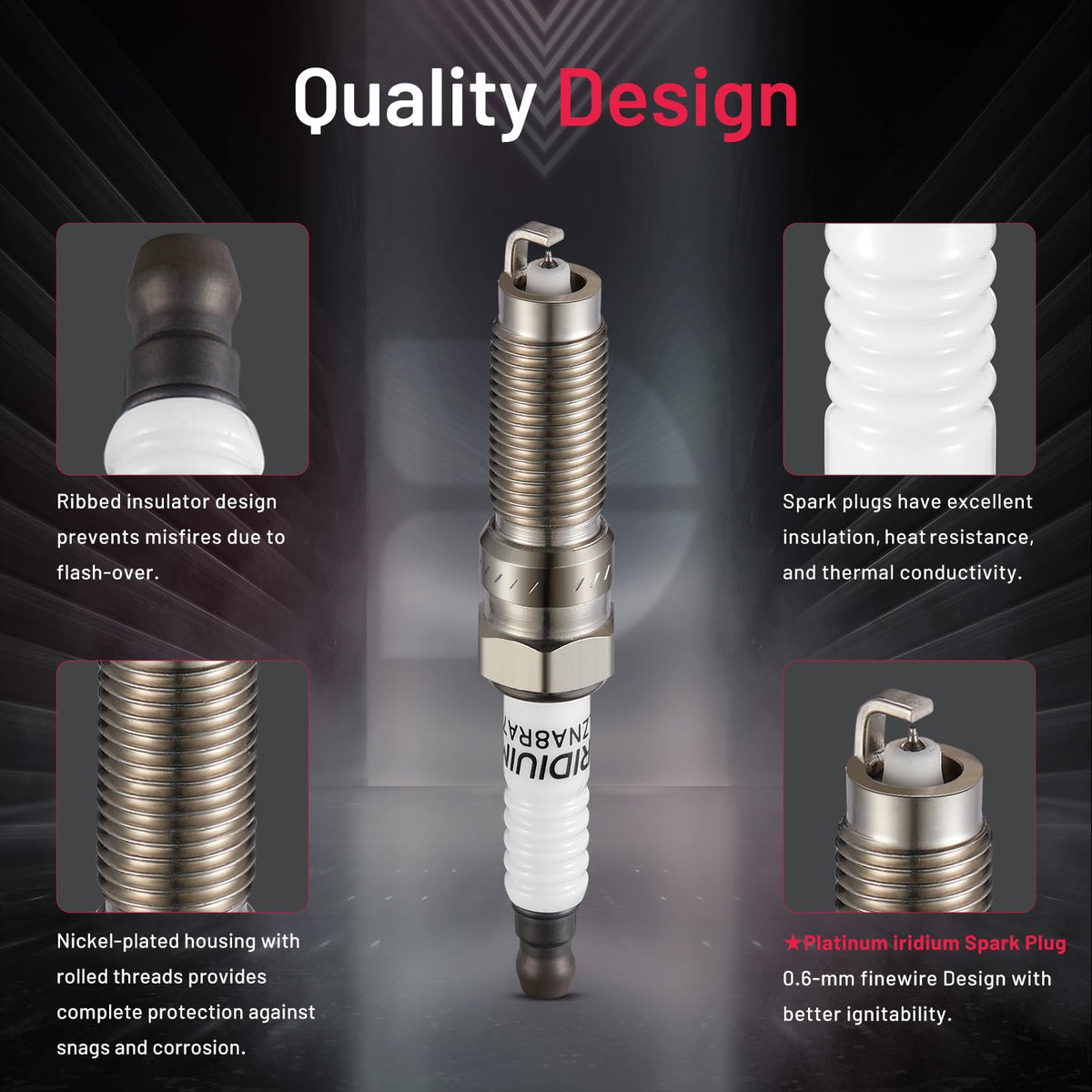 BDFHYK set of four spark plugs arranged to show complete replacement benefit