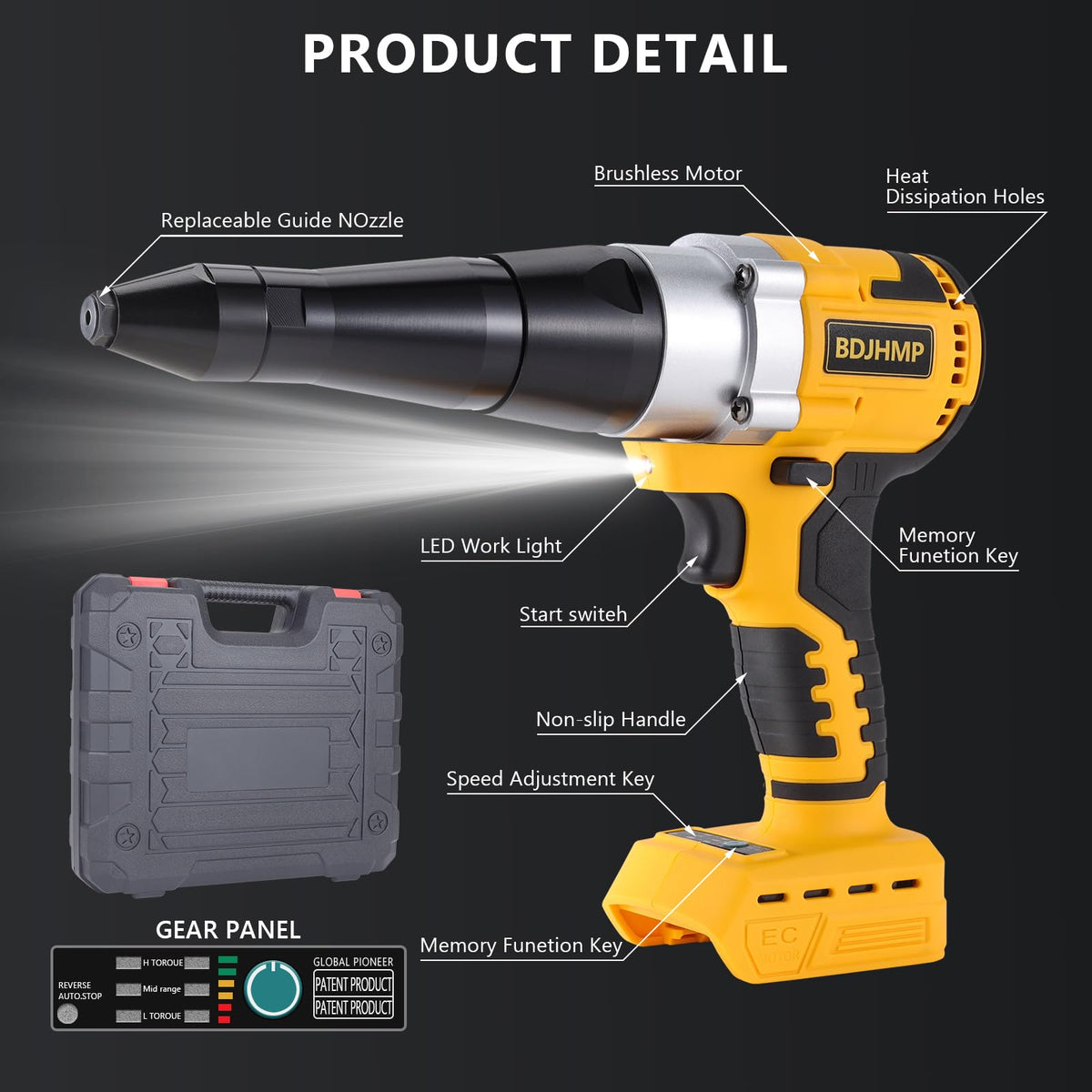 BDJHMP rivet gun setting a rivet on sheet metal showing clean, consistent sets