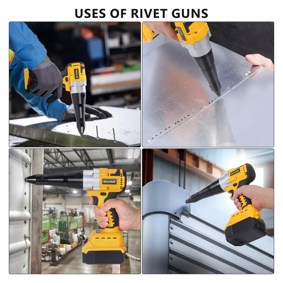 BDJHMP rivet gun label and controls showing single-button forward/reverse safety benefit