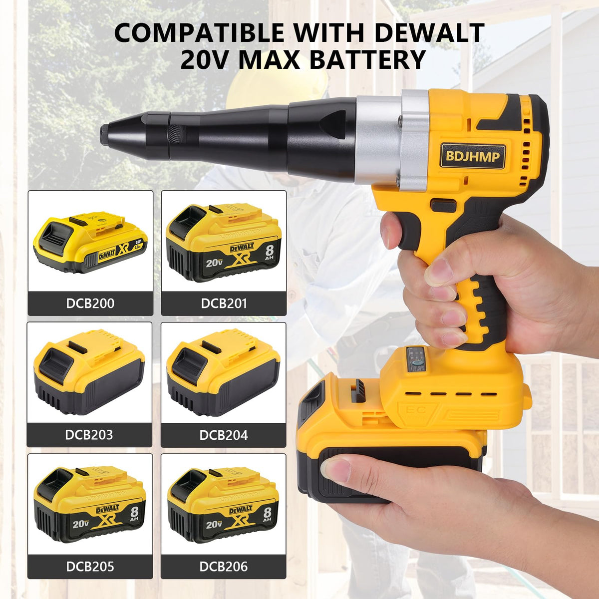 BDJHMP rivet gun side profile highlighting lightweight body for reduced fatigue