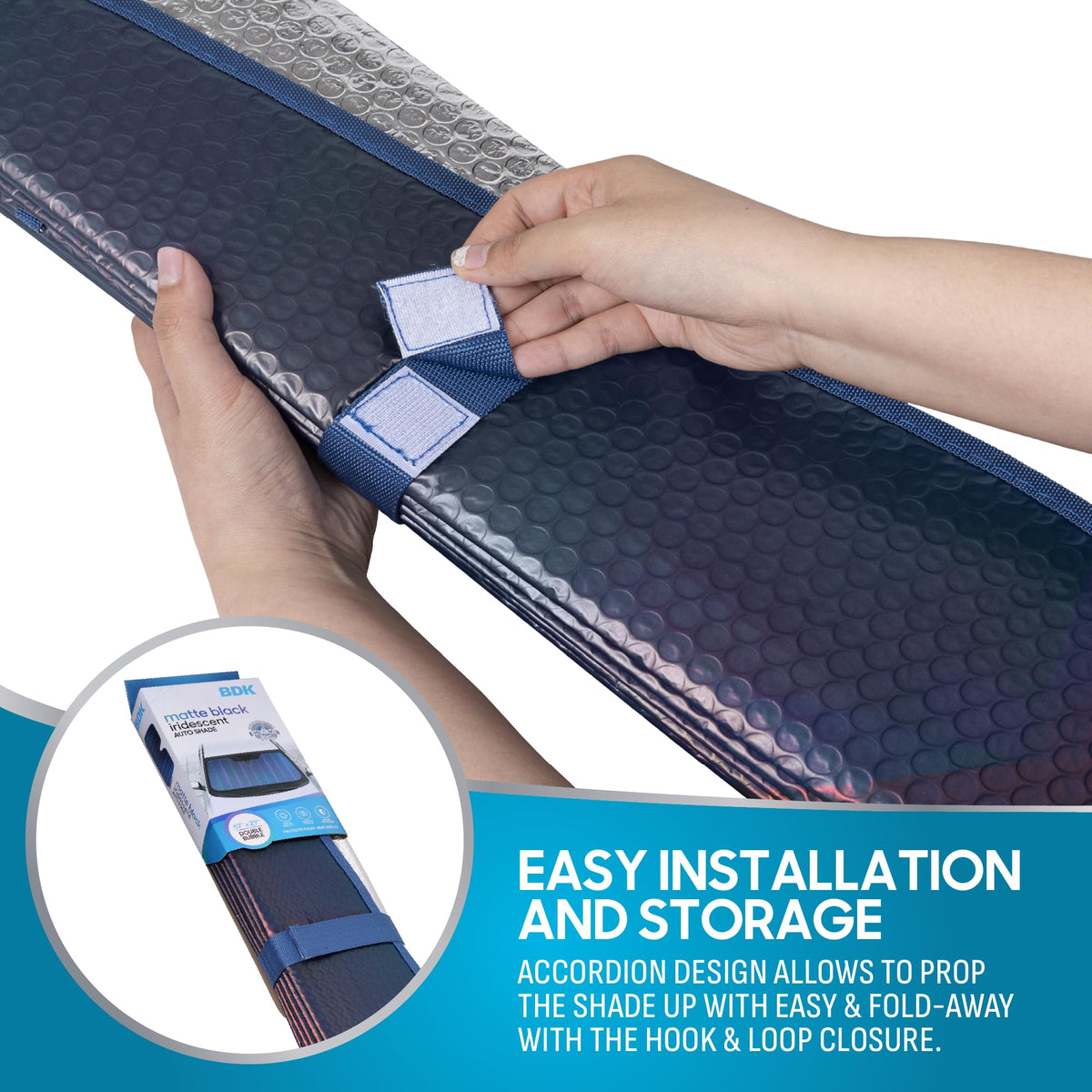 BDK Hook & Loop strap securing folded shade for tidy storage