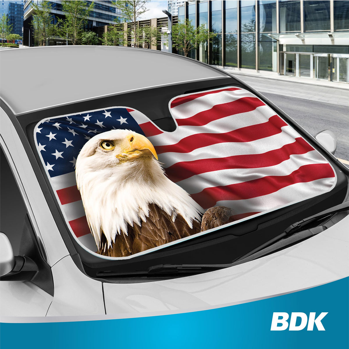 bdk patriotic eagle reverse reflective side showing silver backing to reflect sun and reduce heat