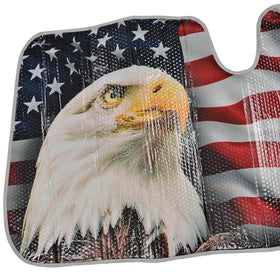 bdk patriotic eagle size comparison beside steering wheel illustrating 58x28 inch fit benefit