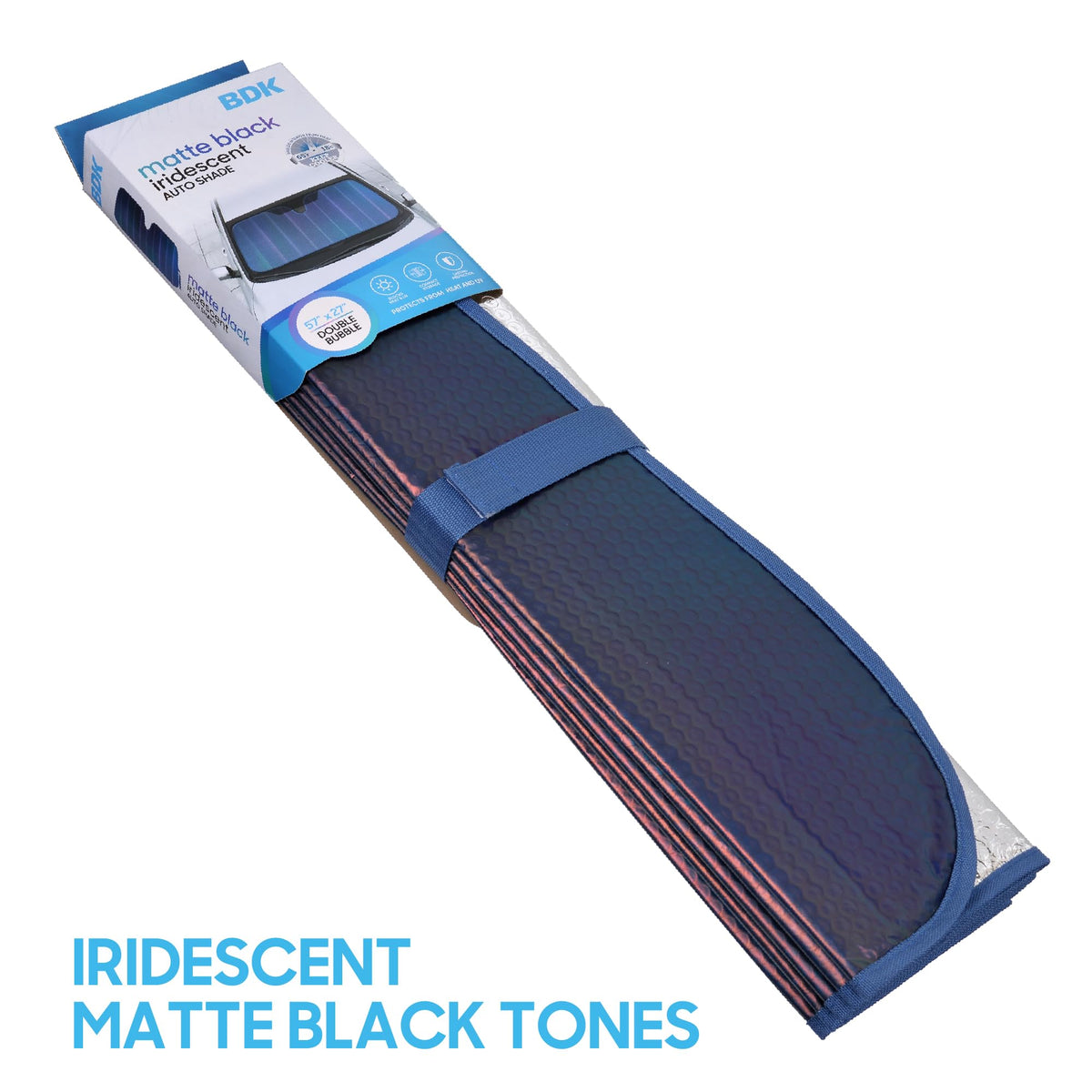 BDK sunshade laid across dashboard showing 58 x 27 inch scale