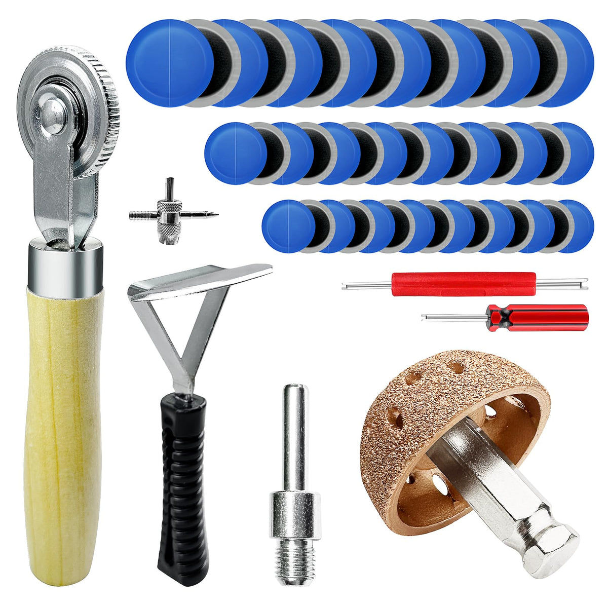 BDYAQGC kit front layout showing all included tools and patches for fast repairs