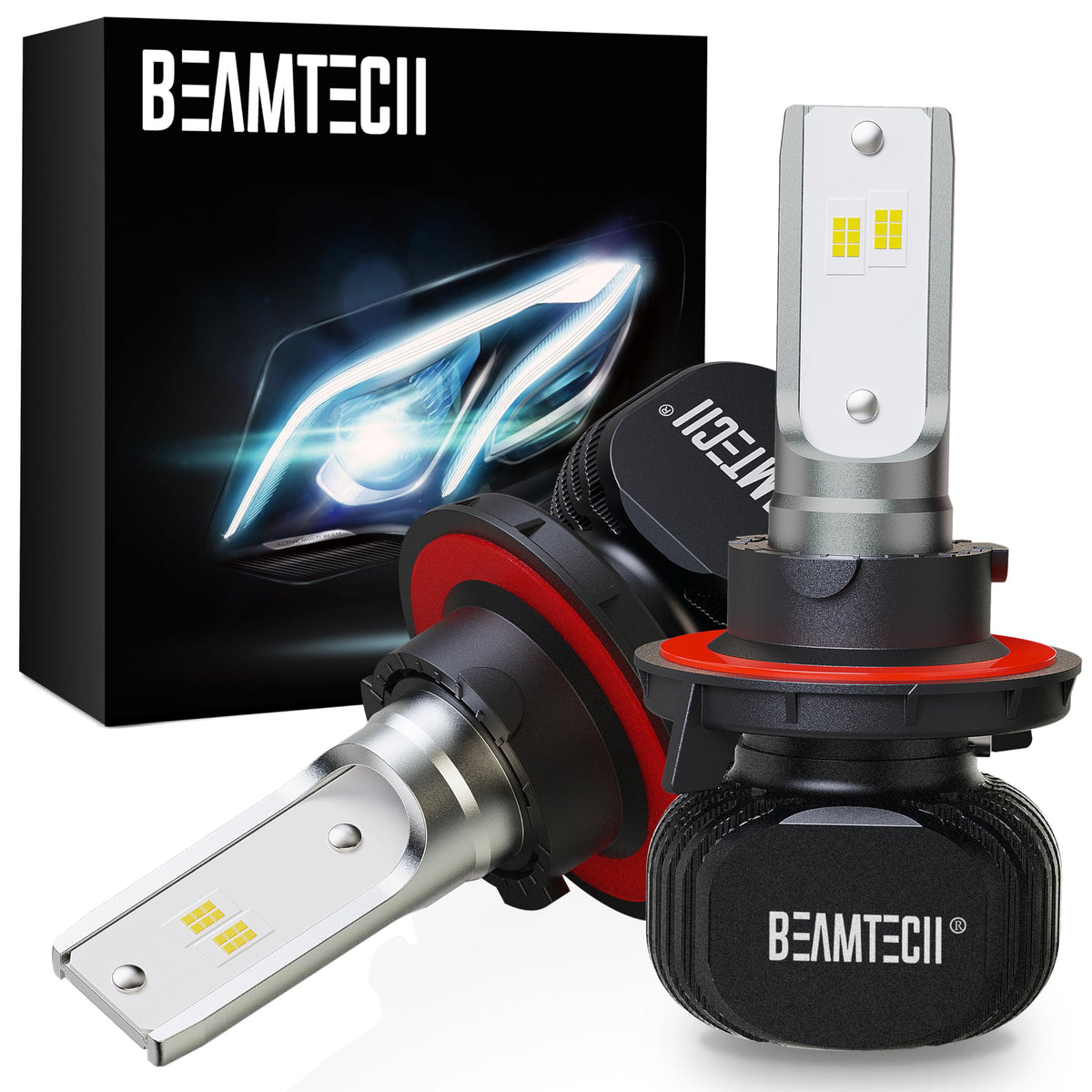 BEAMTECH front view packaging showing bulb pair and benefits