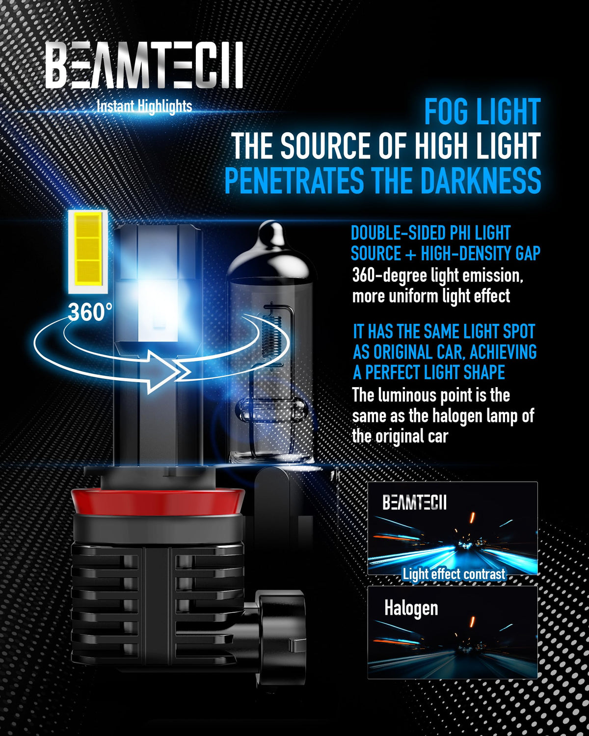BEAMTECH H11 installed in fog lamp demonstrating improved road visibility