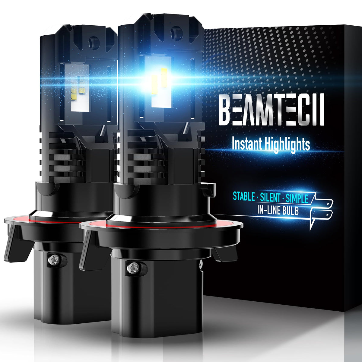 BEAMTECH front packaging showing two H13 bulbs and benefits