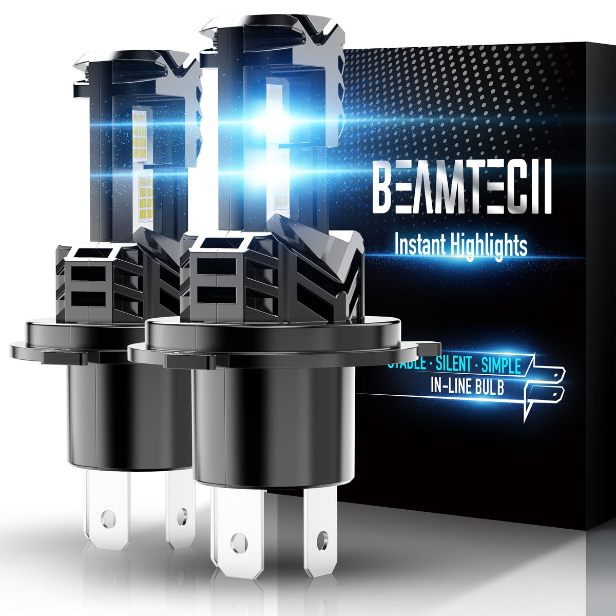 BEAMTECH front view of H4 bulb showing plug-and-play fit for quick installation