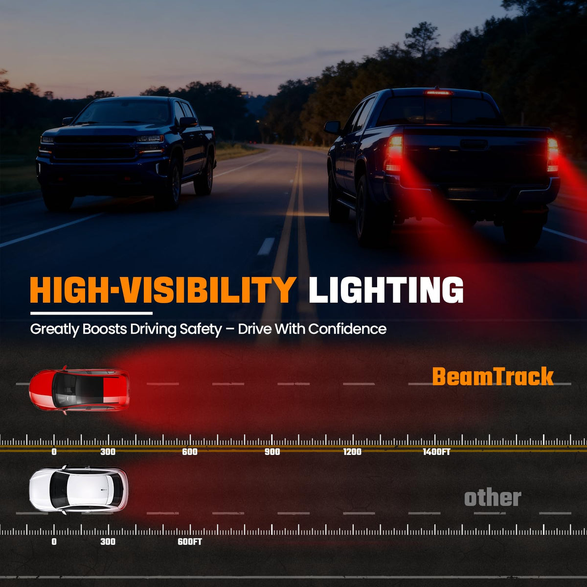 BeamTrack illuminated at night showing bright brake and running light visibility