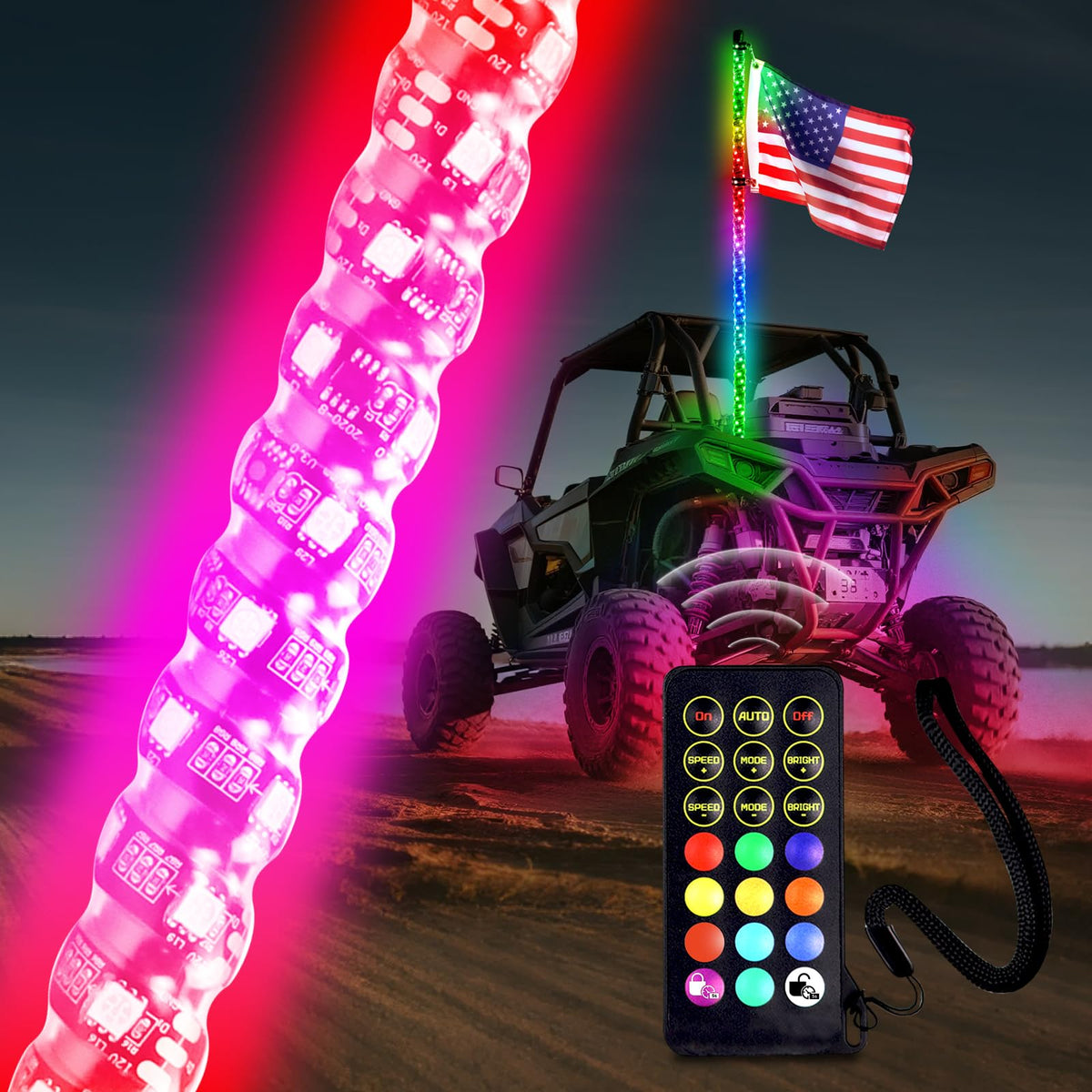 Beatto front view whip light showing full RGB brightness and improved visibility