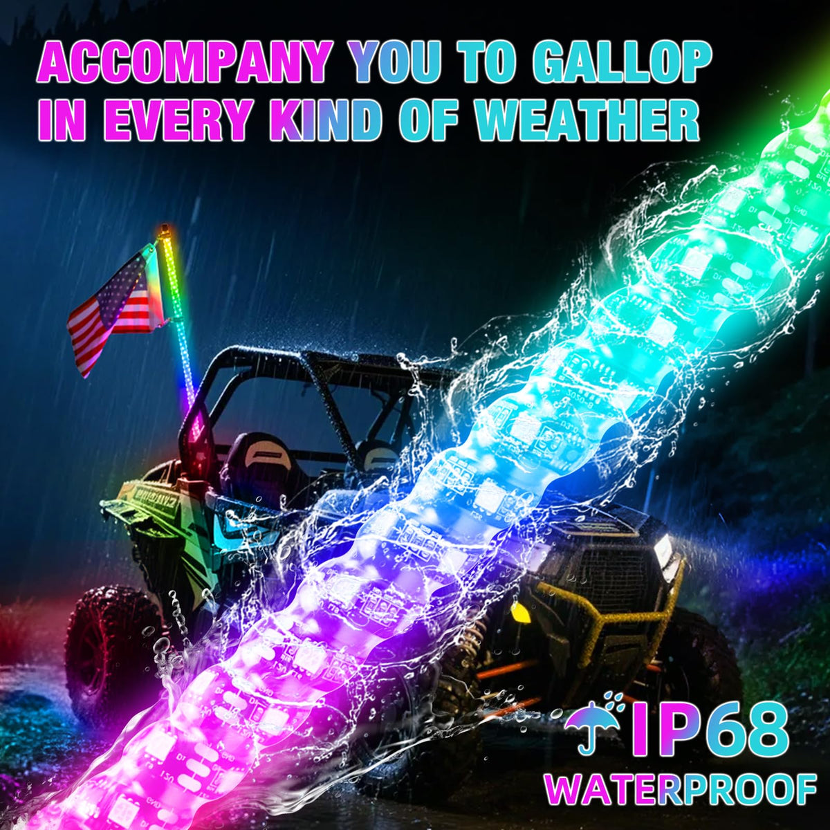 Beatto mounted on ATV at night demonstrating colorful visibility and style
