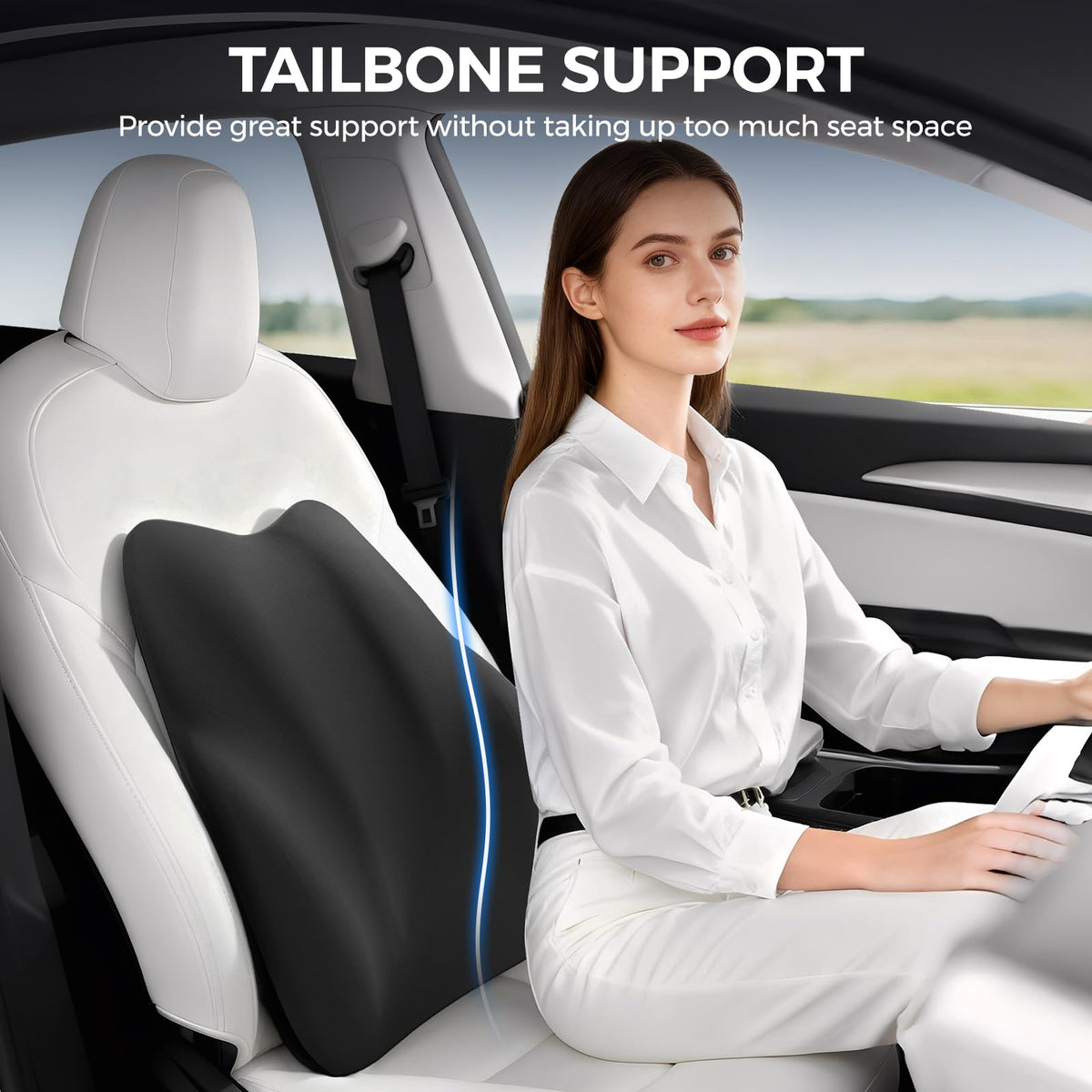 BEBAS lumbar pillow installed in car providing improved lower-back support