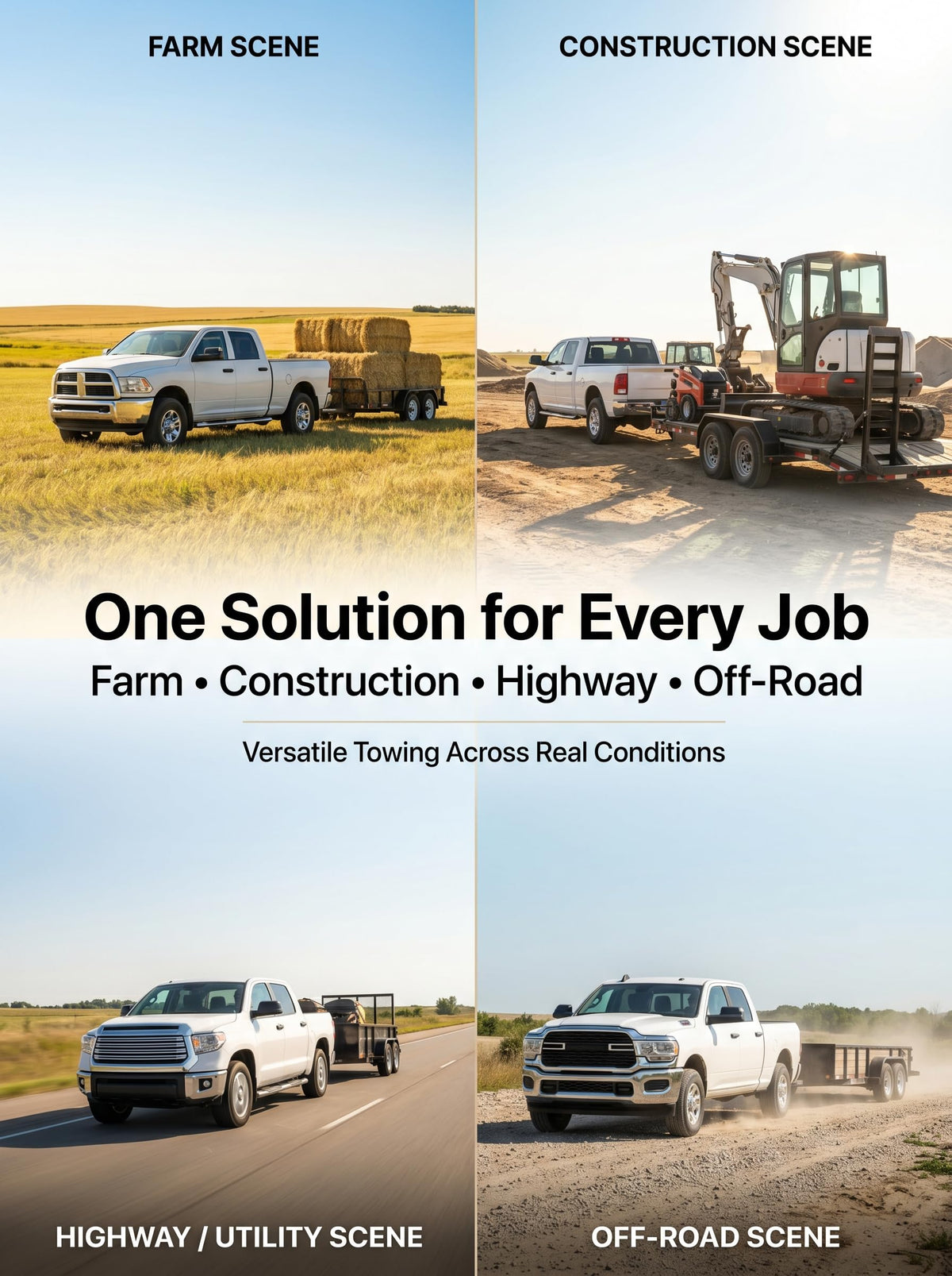 BEBLEPANY towing farm equipment on trailer illustrating reliable heavy-duty performance