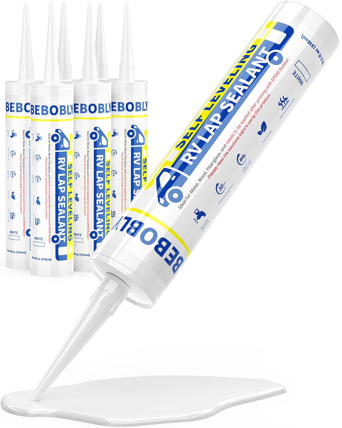 BEBOBLY front packaging showing six white sealant tubes and brand clarity