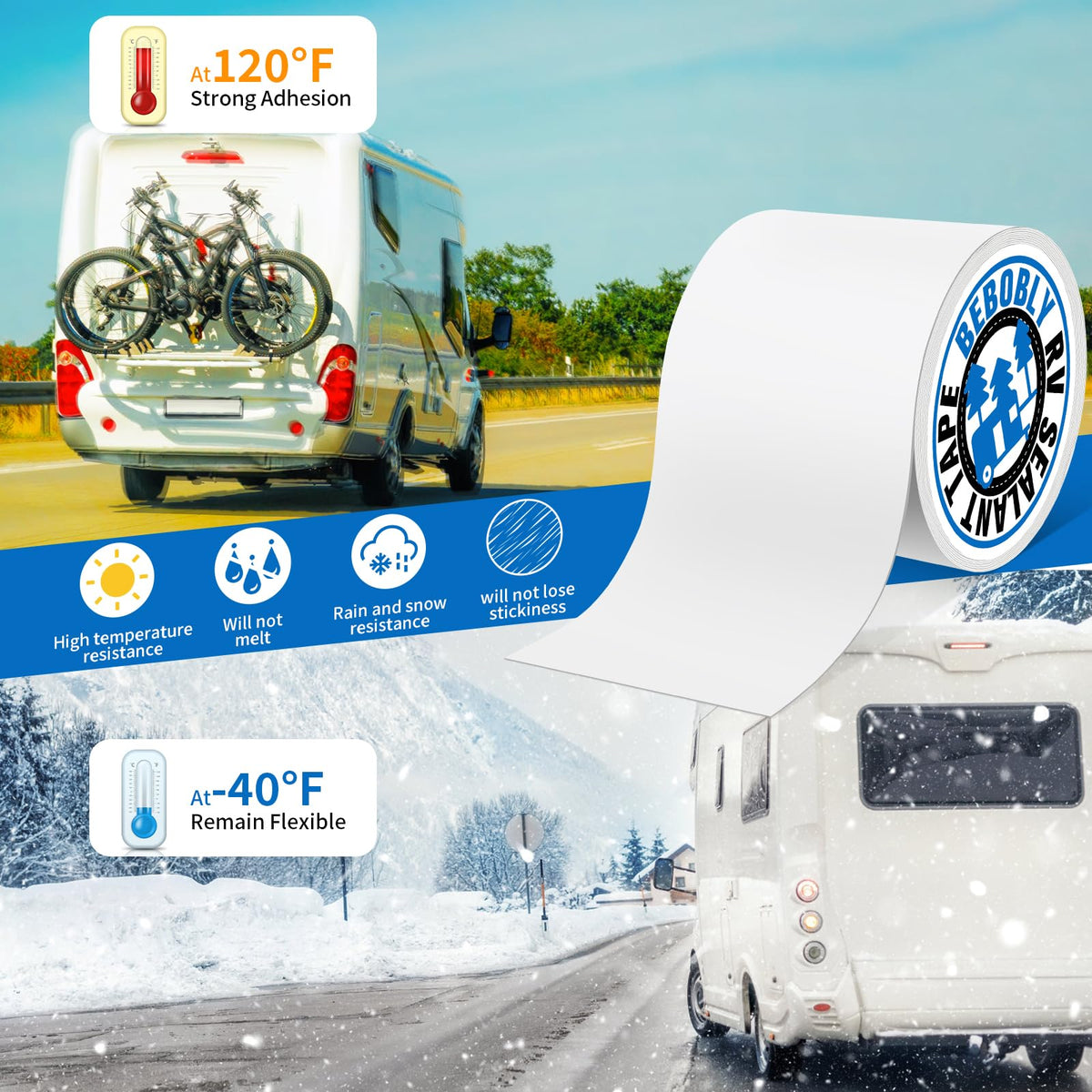 BEBOBLY used on camper in outdoor scene showing travel-ready repair