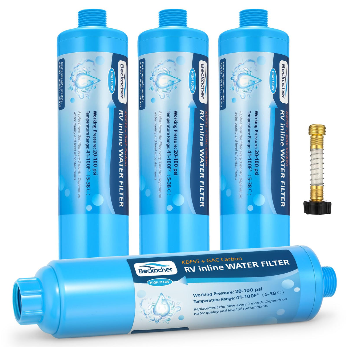 Beckacher front packaging showing 4-pack inline filters and label benefit
