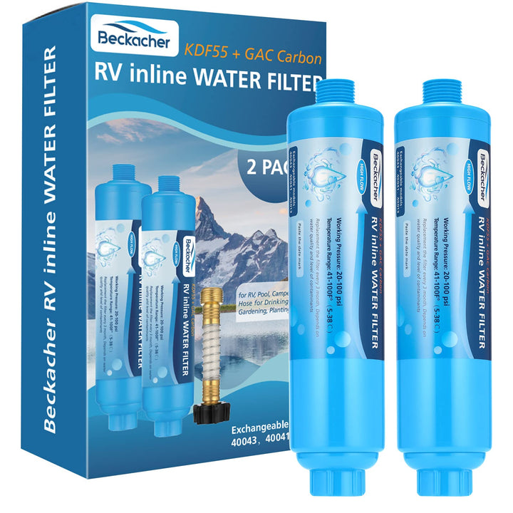 Beckacher front view of 2-pack inline filters showing portable benefits