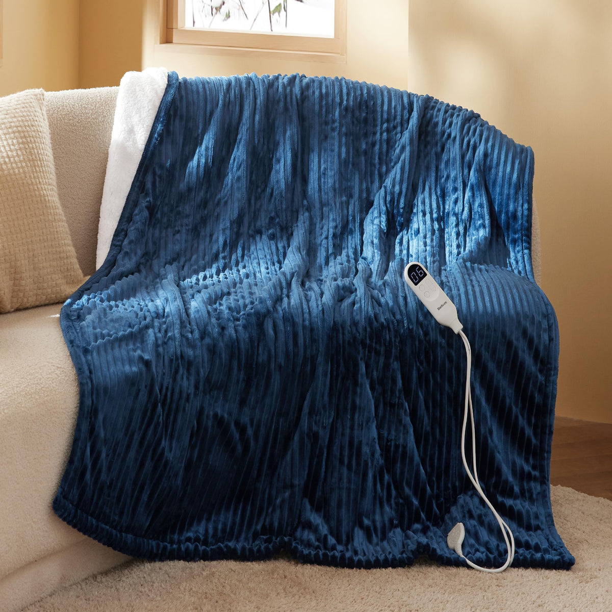 bedsure heated blanket throw front view showing navy color and full coverage for cozy comfort