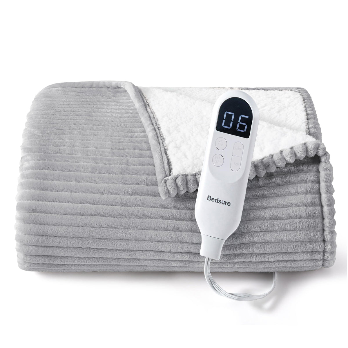 Bedsure front view of light grey heated throw showing ribbed flannel and style benefit