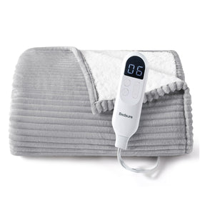 Bedsure front view of light grey heated throw showing ribbed flannel and style benefit