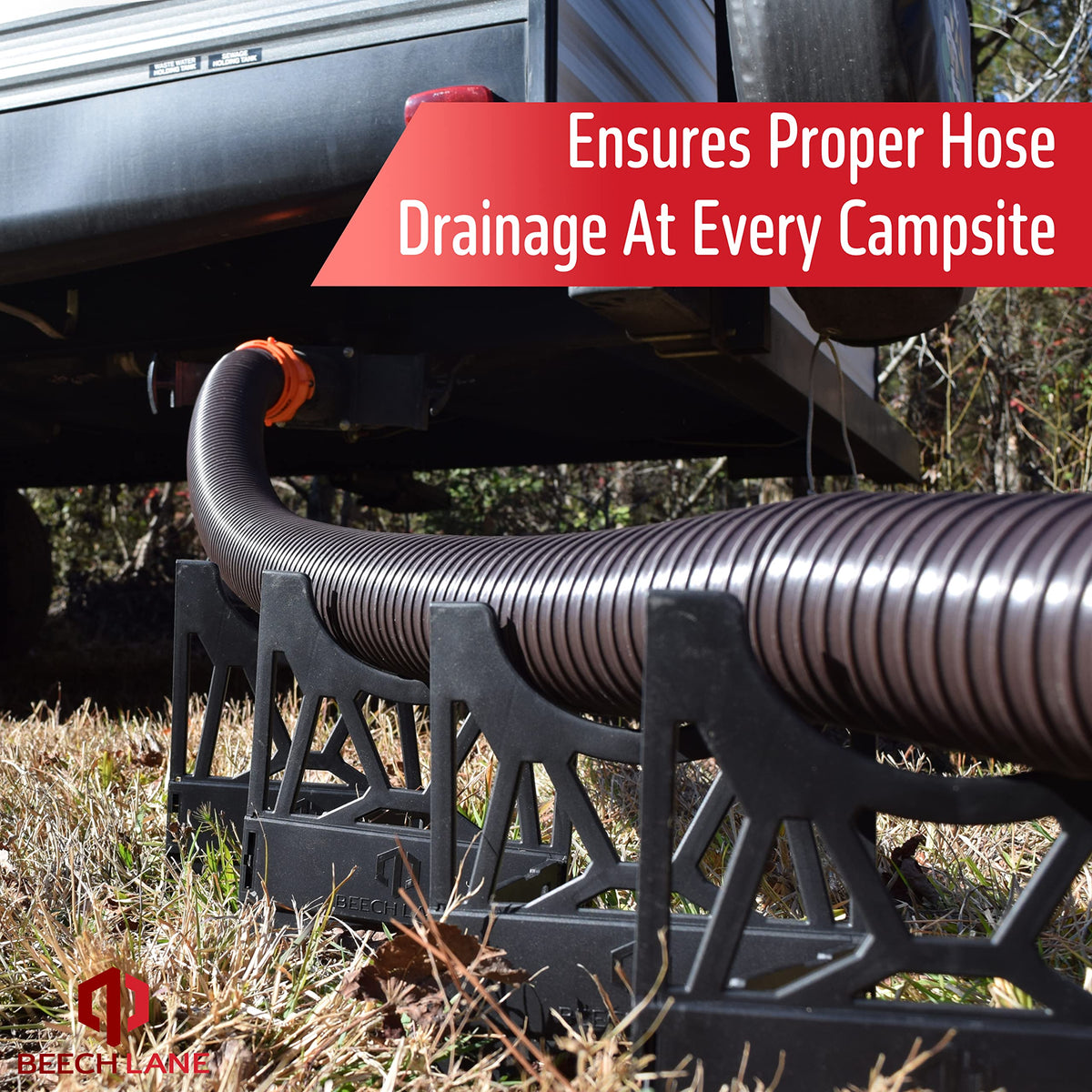 Beech Lane assembled support holding sewer hose for correct drainage