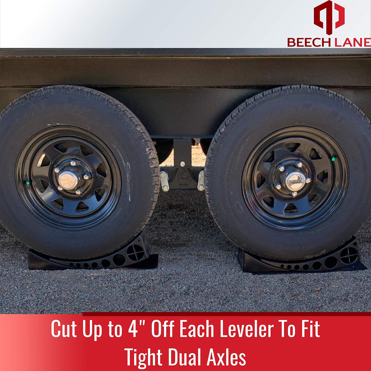 Beech Lane leveler with trimmed end illustrating safe cut for dual-axle fit