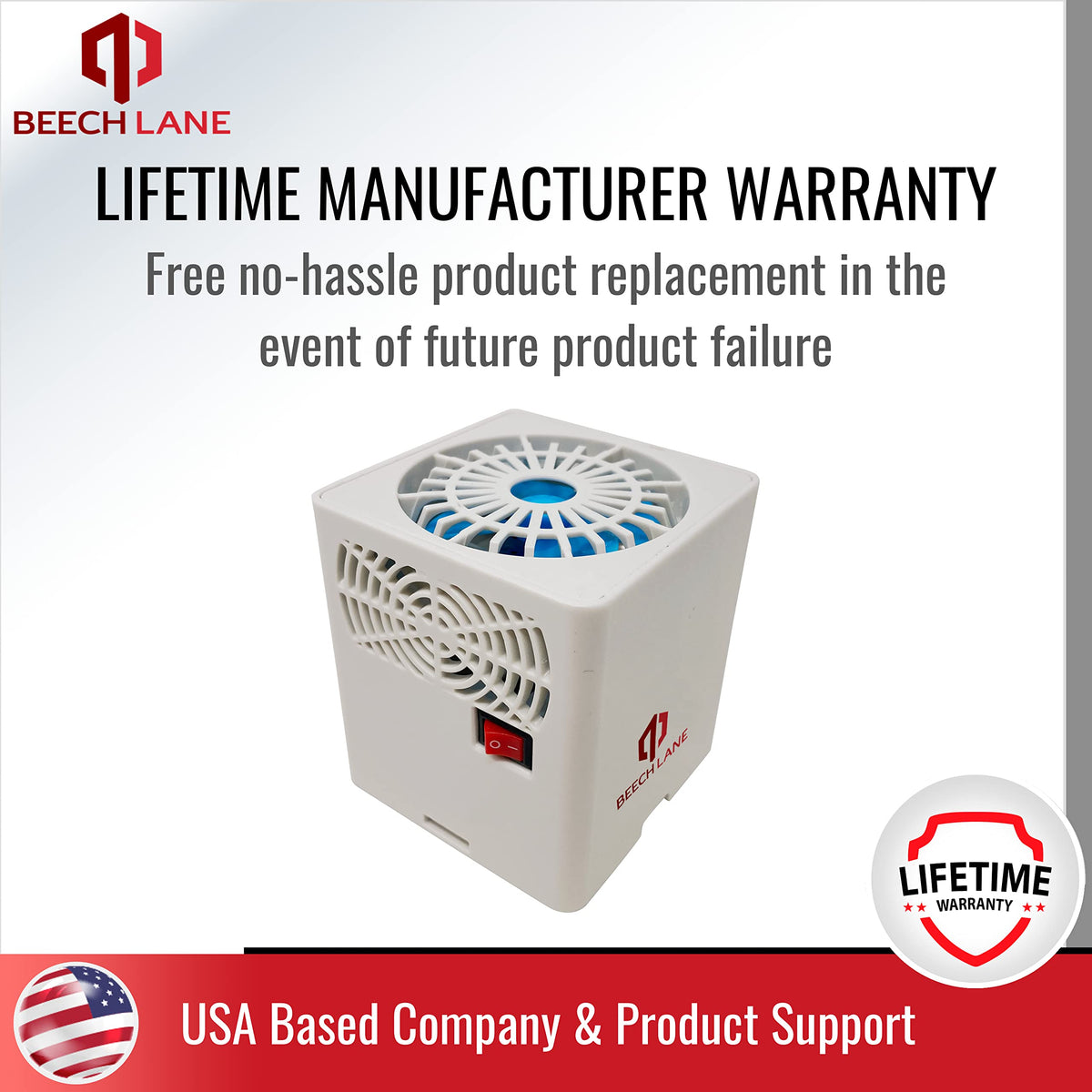 Beech Lane packaging and warranty card showing lifetime coverage and support benefit