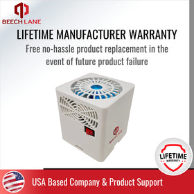 Beech Lane packaging and warranty card showing lifetime coverage and support benefit