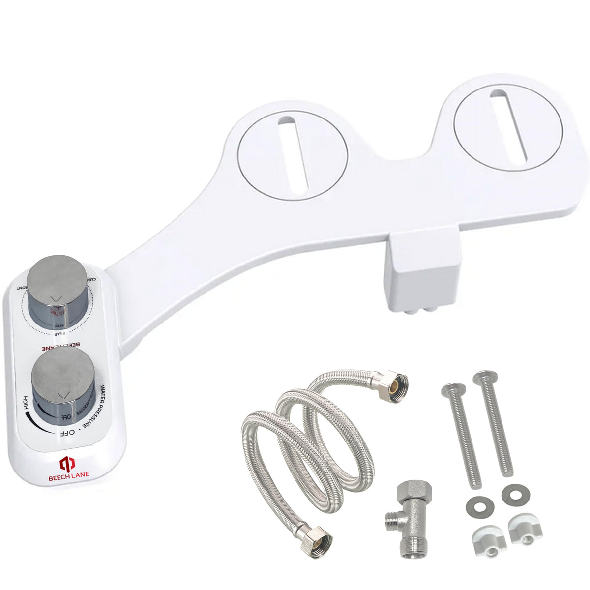 Beech Lane front-mounted bidet installed on RV toilet showing neat fit and compact profile