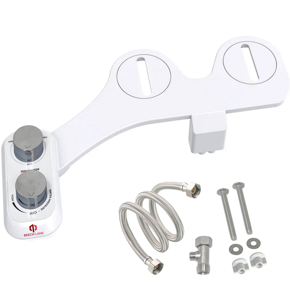 Beech Lane front-mounted bidet installed on RV toilet showing neat fit and compact profile
