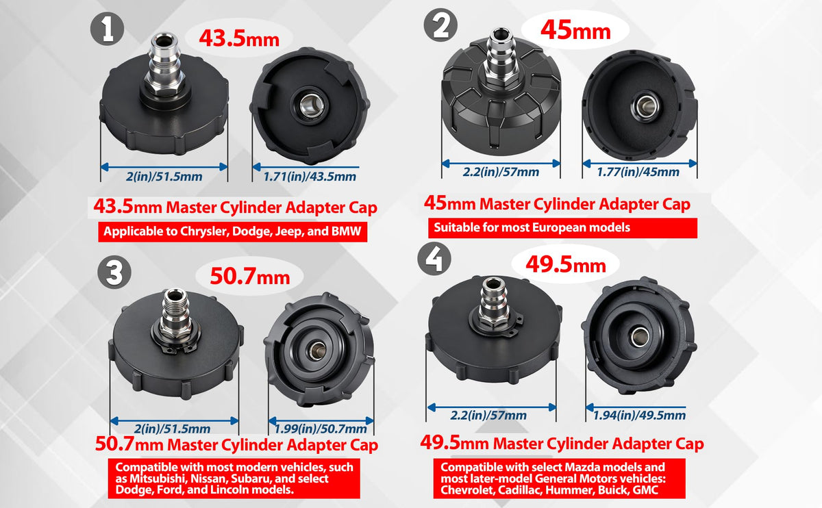 Beefire master cylinder adapters set organized for broad vehicle fitment