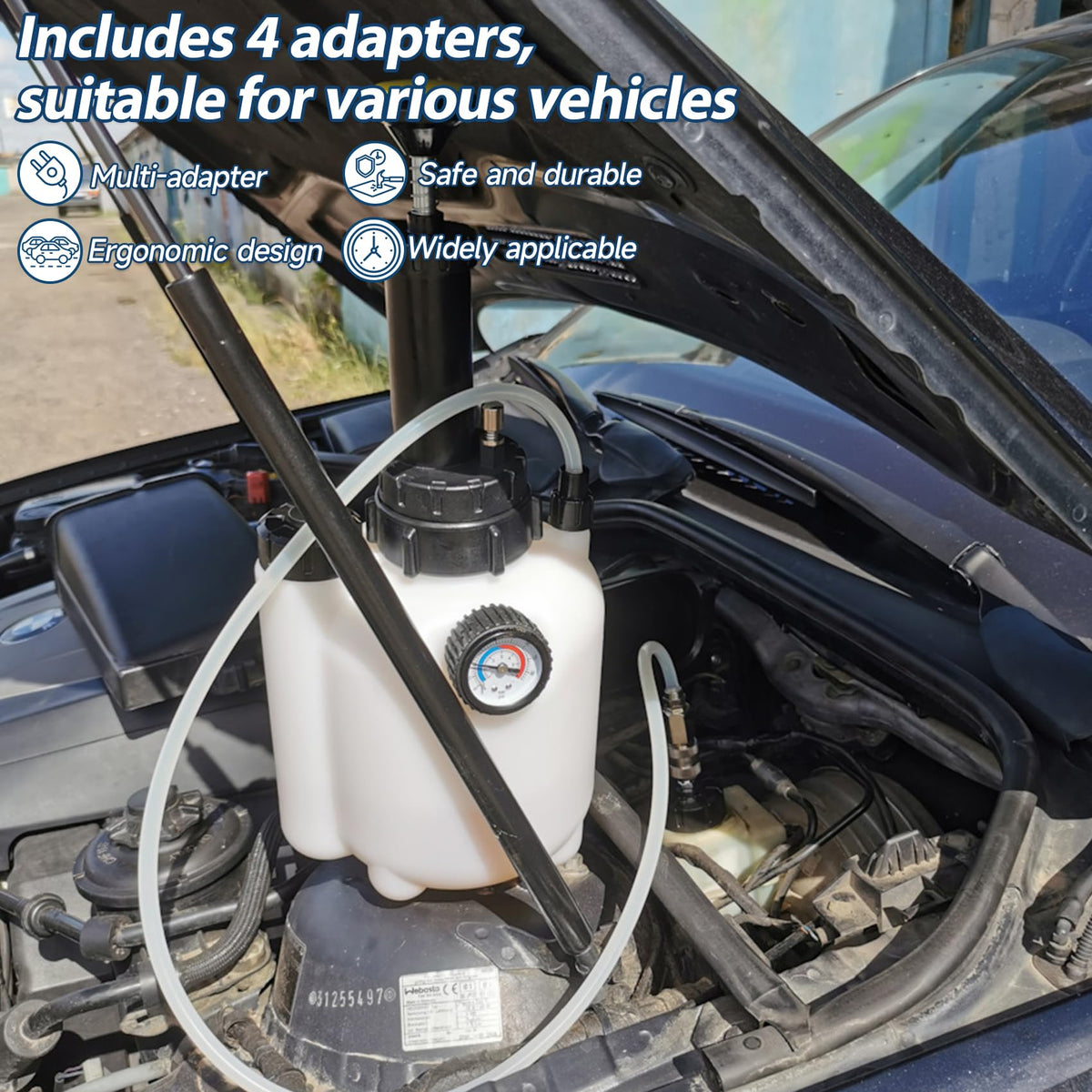 Beefire pressure pot in use on car enabling one-person brake bleeding