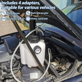 Beefire pressure pot in use on car enabling one-person brake bleeding