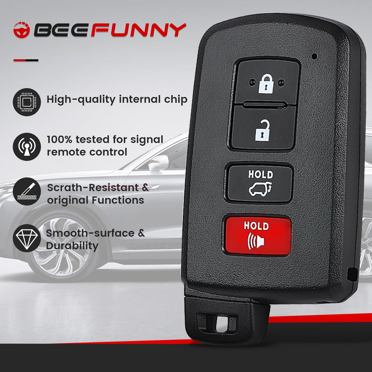 Beefunny keyfob beside a car key for size comparison and quick fit assessment